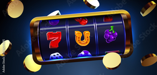Shining slot machine with classic gambling symbols and flying golden coins, perfect for casino game design. Vector illustration