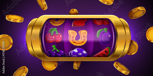 Shining slot machine with classic gambling symbols and flying golden coins, perfect for casino game design. Vector illustration