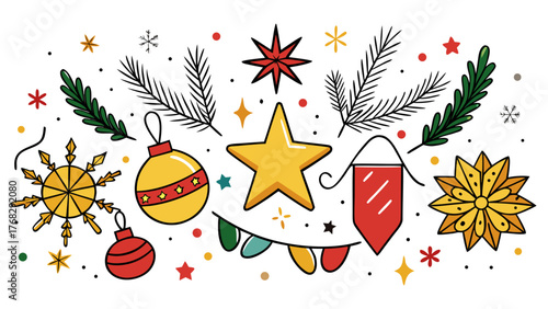 Festive illustration featuring Christmas ornaments, stars, garland, and evergreen branches.