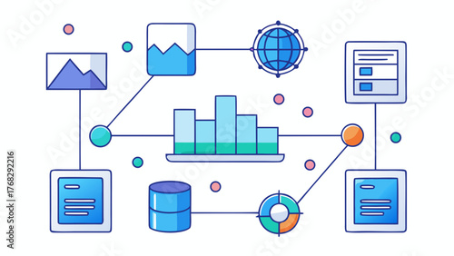 An illustration depicting interconnected data visualizations and information flow, showcasing data analysis.