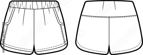 Women elastic waist shorts front and back technical flat cad drawing vector fashion illustration with pockets summer apparel template for mockup