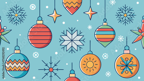 Festive Christmas ornaments and snowflakes hanging against a blue background, holiday design.