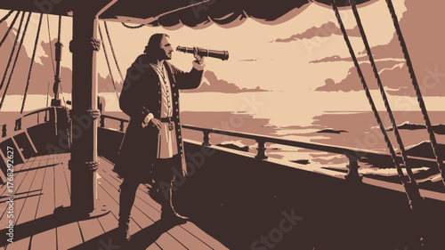 Vintage Seafarer Gazing Through Spyglass on Ship Deck, Evoking Adventure and Exploration, Perfect for Historical Fiction and Nautical Themes, Drawn from Vector Art