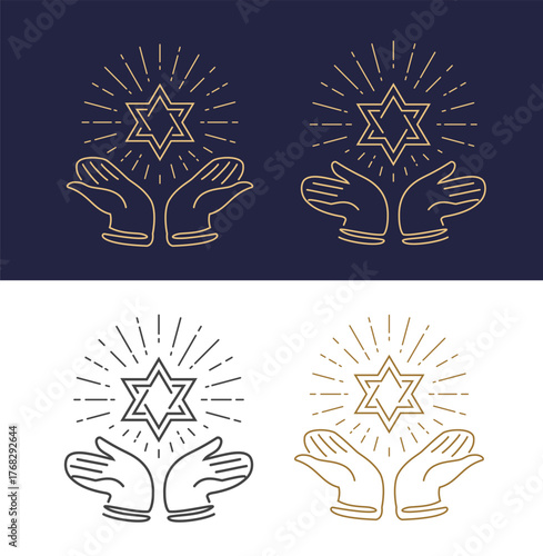 Star of David emblem. Judaism religious symbol. Six-pointed star in hands. Hanukkah holiday