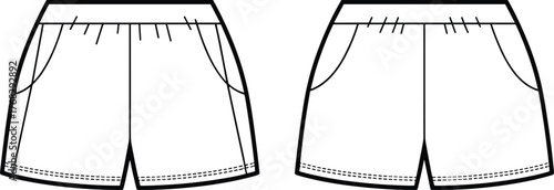 Women’s casual shorts technical flat sketch front and back view with pocket details and stitched hemline design, CAD drawing flat vector illustration