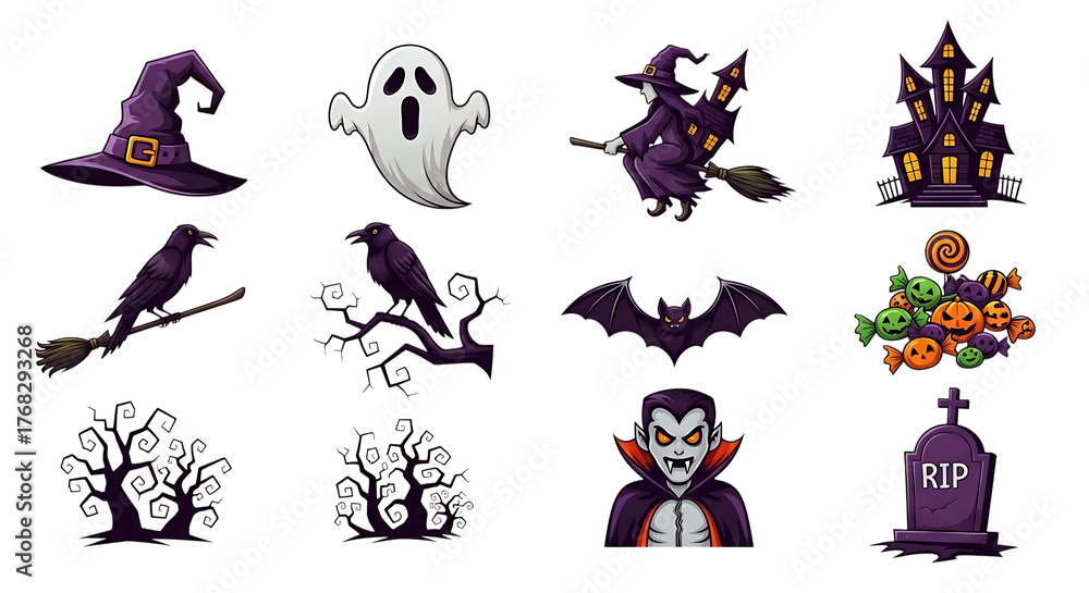 Obraz premium Pixel art halloween icons isolated on transparent background hat, ghost, witch, castle, crow, bat, candy, tree, vampire, tombstone, creating a spooky and festive atmosphere