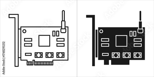 Line art and solid silhouette of a computer network card