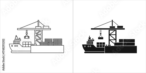Two icons of a cargo ship being loaded by a crane, one outline and one filled