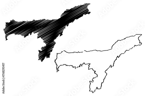 Assam (States and union territories of India, Federated states, Republic of India) map vector illustration, scribble sketch Assam state map