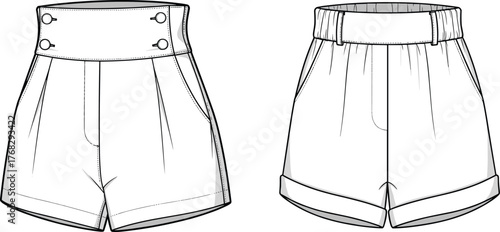 Women’s high waist shorts technical flat fashion sketch front and back view with button detail waistband and cuffed hem design, CAD drawing flat vector illustration