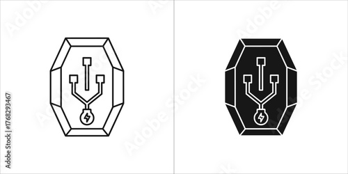 Outline icon of a lightning bolt inside a speech bubble with ellipsis and a smaller message bubble, isolated on