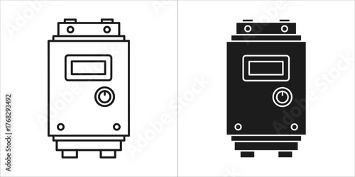 Industrial control unit icon, black and white outline and solid silhouette