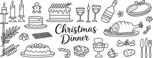 Christmas dinner food and drink icons cake