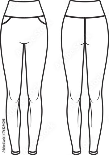Women's leggings fashion design front and back view, modern tight pants vector illustration for clothing design CAD drawing flat vector illustration