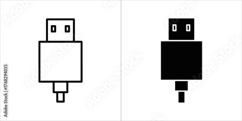 Outline and filled black icon of a usb connector