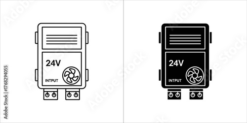 Two icons of a 24v power supply unit, one in outline and one in solid black