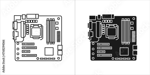 Outline and solid black icons of a computer motherboard