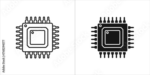 Two icons of a cpu chip, one in outline and one in solid black