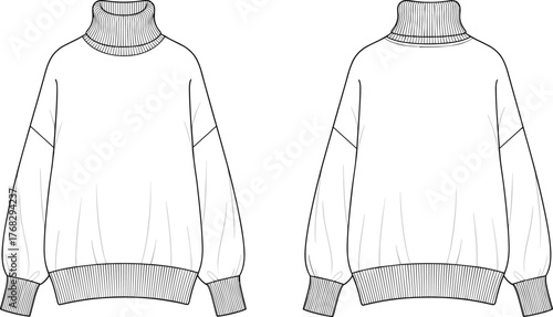 Women’s turtleneck sweater technical flat fashion sketch front and back view with ribbed cuffs and waistband details, CAD drawing flat vector illustration