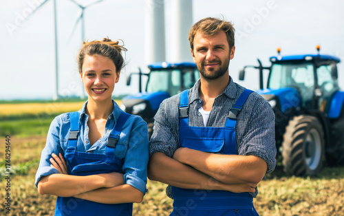 farmers on agricultural field in autumn with tractors and wind turbines on background