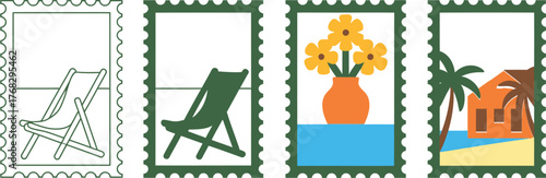Set of postal stamps with beach chair flowers and tropical beach scene vector illustration