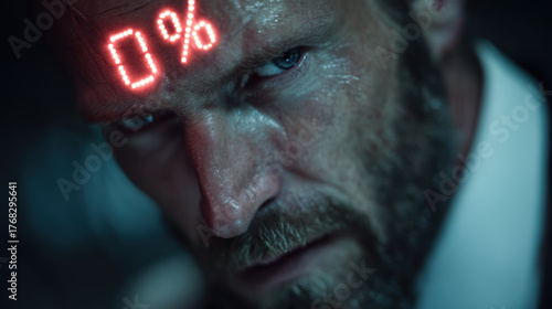 Businessman with LED indicator reading 0 percent on his head - burnout, lack of motivation, tiredness