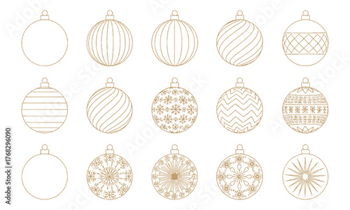 Collection of decorative transparent christmas baubles with festive patterns for holiday design isolated on transparent background