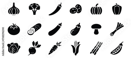 Collection of black and white vegetable icons, featuring a variety of fresh produce