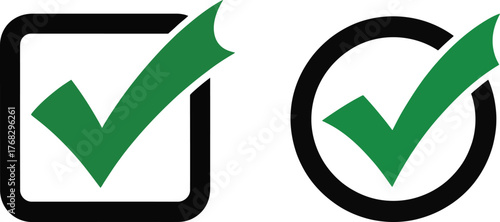 Green Check Mark Icons in Square and Circle Shapes Vector Illustration