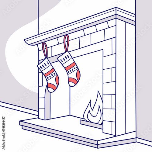 Illustration of a brick fireplace with stockings