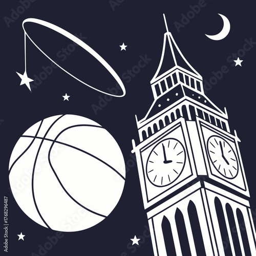 Basketball soars high above big ben under the starry night sky illustration