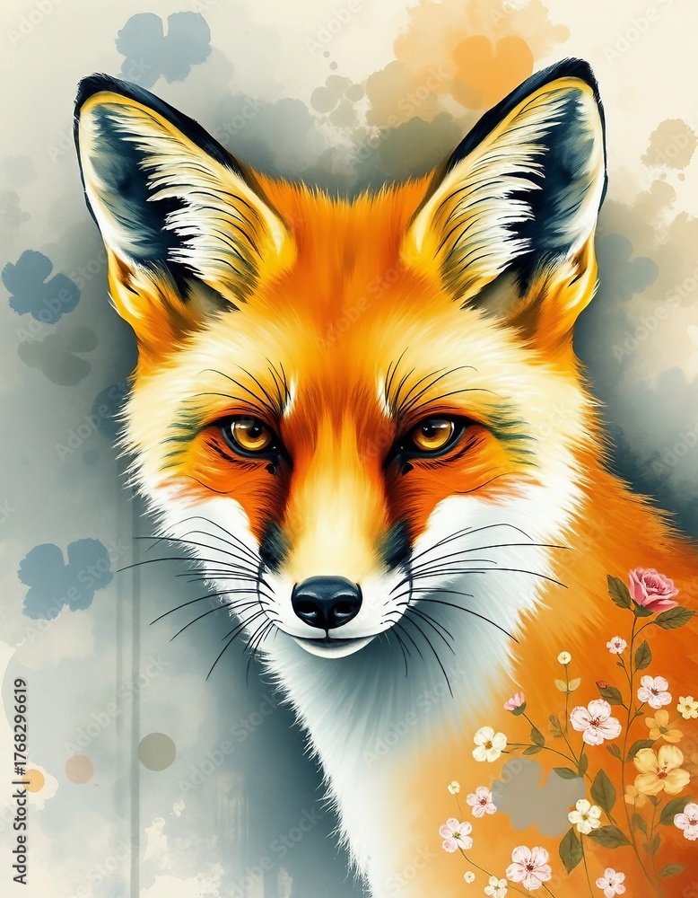 Obraz premium Beautiful digital painting of an orange fox with floral decorations. Elegant mix of wildlife portrait and artistic illustration.