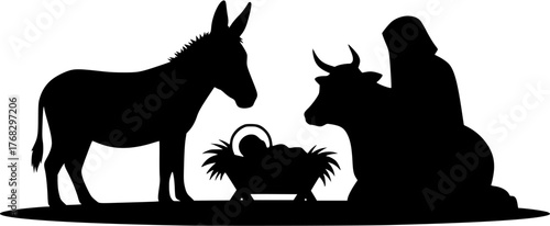 Donkey and ox flanking baby Jesus in manger simple black silhouette for Christmas nativity scene. Clipart image isolated on background.
