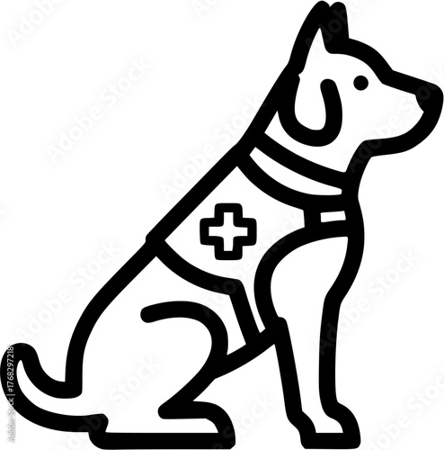 Black silhouette of service dog wearing medical assistance vest. Clipart image isolated on background.
