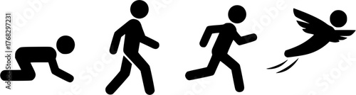 Crawl Walk Run Fly pictogram icon set. Clipart image isolated on white background
