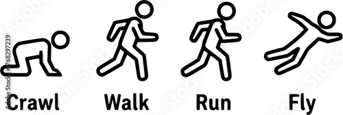 Crawl Walk Run Fly pictogram icon set. Clipart image isolated on white background
