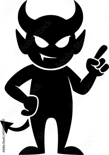 Black silhouette of cartoon devil with horns and pointed tail standing confidently. Clipart image isolated on background.
