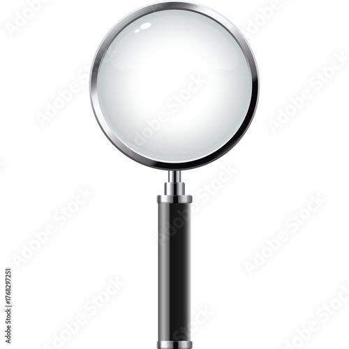 Close up of a magnifying glass with a metallic frame and black handle on a white isolated background for investigation and discovery