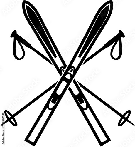 Crossed skis and poles emblem in black on white background. Clipart image.

