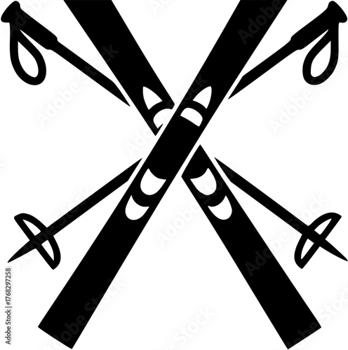 Crossed skis and poles emblem in black on white background. Clipart image.
