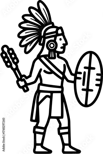 Black and white vector illustration of Aztec warrior in traditional attire. Clipart image.
