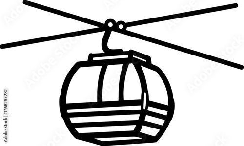 Black and white vector illustration of cable car cabin on wire. Clipart image.
