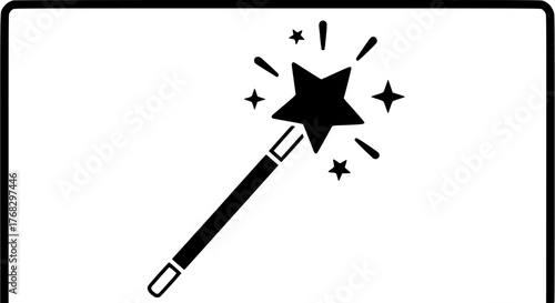 Black silhouette of magic wand with sparkling star. Clipart image.
