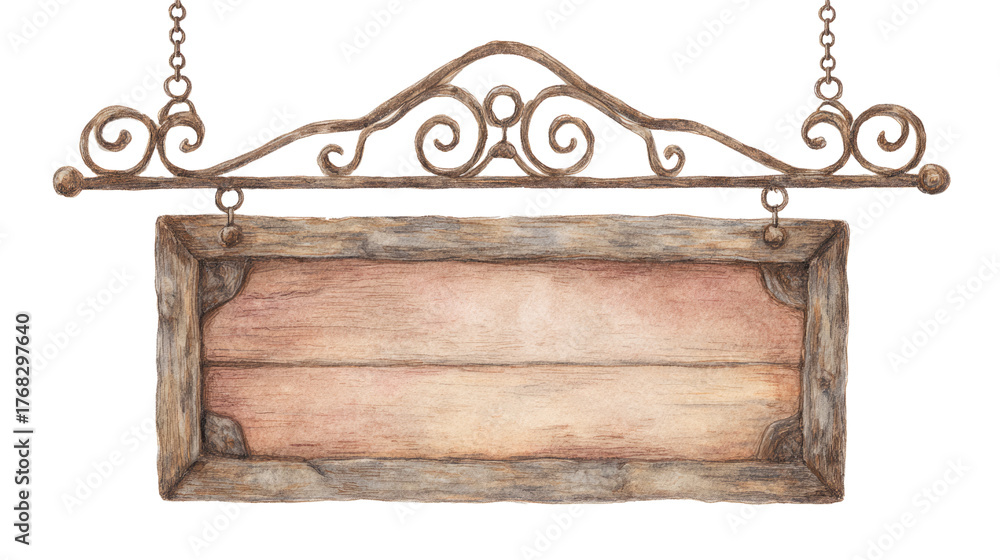 Naklejka premium Vintage Wooden Hanging Signboard with Metal Scrolls