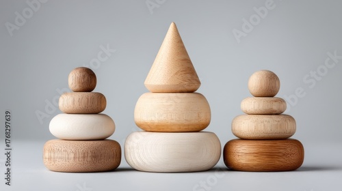Three Staged Wooden Figurines With Textural Surfaces On A Light Gray Background In A Studio Lighting Setup