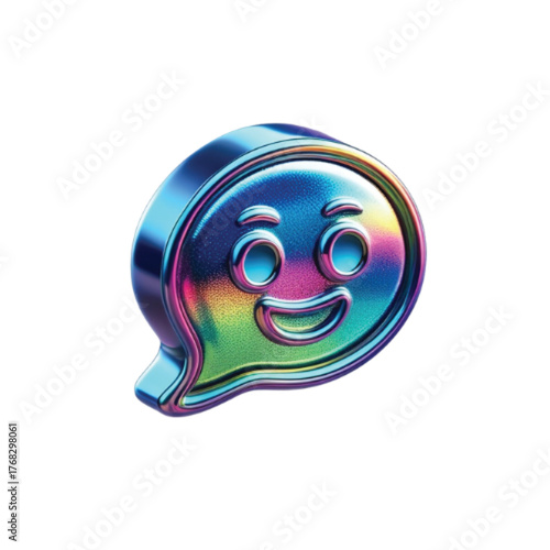 A vibrant 3D chat bubble icon with a smiling face, featuring a glossy, iridescent metallic finish on a white background.