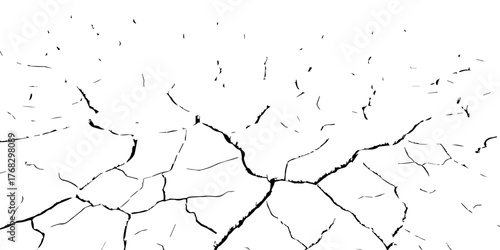 Vector illustration of cracked dry ground texture showing parched soil and drought effect. Black and white cracked earth background symbolizing climate change, arid environment, and dehydration.