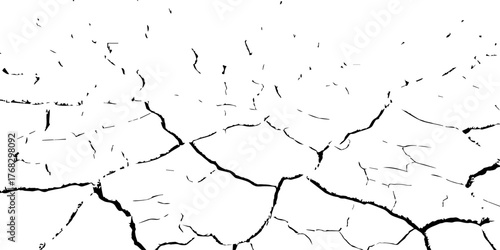 Vector illustration of cracked dry ground texture showing parched soil and drought effect. Black and white cracked earth background symbolizing climate change, arid environment, and dehydration.