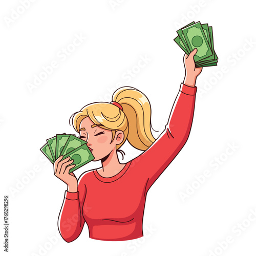 A pleased blonde woman with a ponytail smelling a fan of money and raising another stack in victory.