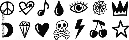 Peace heart music drop eye spiderweb crown moon diamond skull lightning cherries star